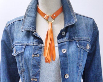 Orange Leather Tassel Choker, Orange Choker Tassel Necklace, Choker Tassel Necklace, Orange Necklace, Leather Tassel Choker, BDSM Choker