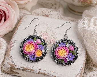 Pink Peony Floral Earrings, Romantic Shabby Chic Jewelry, Vintage Style Statement Accessories