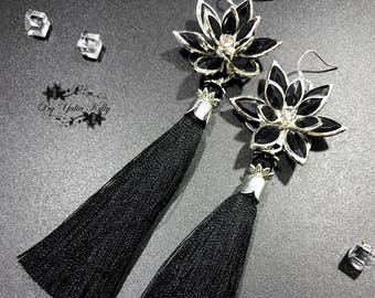 Bohemian Tassel Earrings, Black Tassel Earrings, Black Dangle Earrings,Silk Tassel Earrings, Fringe Earrings,Wedding Earrings, Boho Earrings