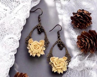 Ivory Rose Earrings, Handmade Polymer Clay Jewelry, Romantic Floral Accessory, Cottagecore Botanical Gift