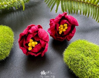 Burgundy Peonies Earrings, Clay Flowers Peonies, Red Peony Earrings, Polymer Clay Peony Earrings, Clay Velvet Peony Earrings, Clay Red Peony