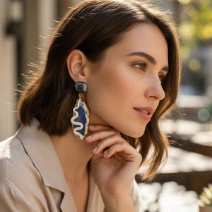 Polymer Clay Snake Earrings, Blue Druzy Agate, Handmade