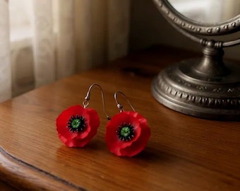 Boucles d'oreilles coquelicot rouge faites main, bijoux fleur en pâte polymère