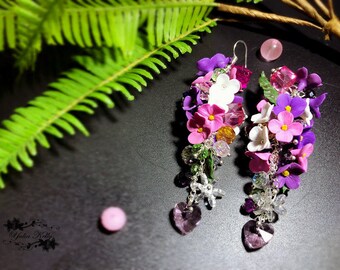 Handmade Lilac Polymer Clay Earrings, Swarovski Crystal Dangle