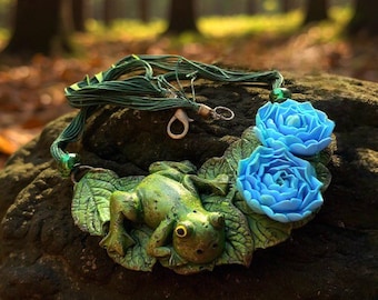 Polymer Clay Frog Necklace, Fairycore Water Lily Pendant