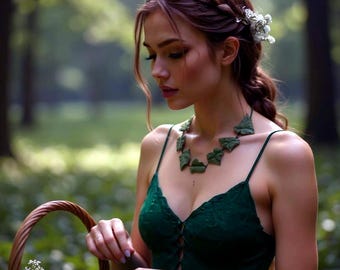 Handgjort halsband med löv i polymerlera, smycken med skogsfe
