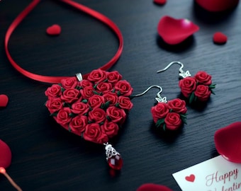 Rote Rose Herz Anhänger Halskette, Valentinstag Floral Schmuck Set