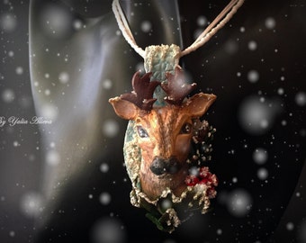 Winter Necklace, Christmas Reindeer, Christmas Deer Necklace, Christmas Deer Pendant, Handmade Deer Necklace, Winter Deer Clay Pendant
