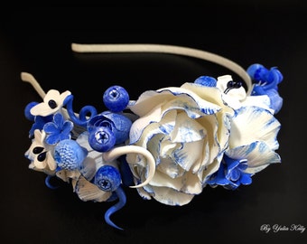 Clay Flowers Headband, Flower Crown Headband,  Blue Flower Crown, Headband Flower, Floral Hairpiece, Boho Headpiece, Ethnic Style Headband