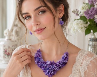 Collier lilas violet en pâte polymère, collier de déclaration de mariée fait main, bijoux floraux romantiques shabby chic