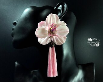 Handmade Polymer Clay Orchid Tassel Earrings, Czech Beads