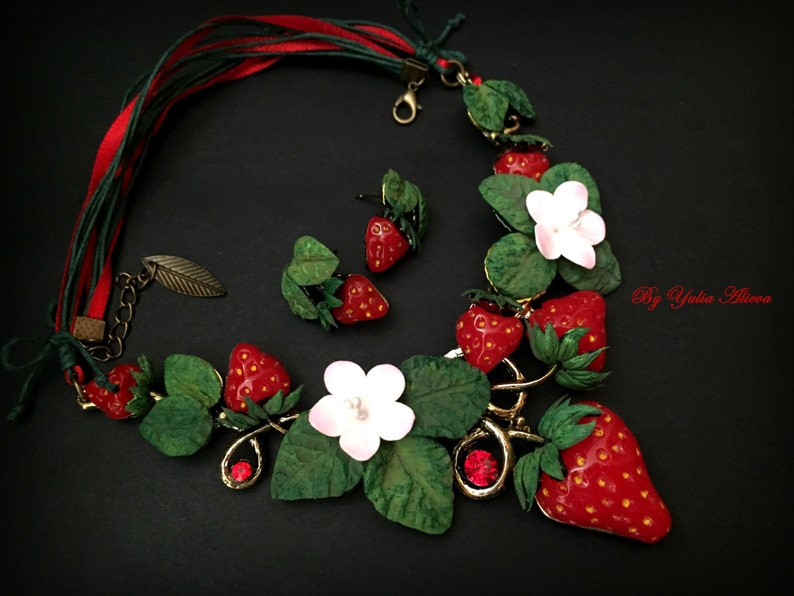 Strawberry Necklace Spring Necklace Strawberry Polymer Clay Etsy