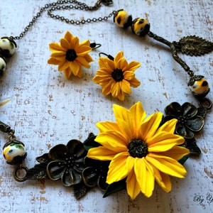 Sonnenblume Ton Halskette, Sommer Halskette, Polymer Clay Blumen, handgemachter Schmuck, Sonnenblume Schmuck Set, Frühling Schmuck, Florale Halskette