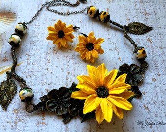 Collier fait main en argile de tournesol, perles tchèques en bronze, bijoux floraux