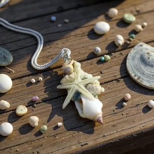 Muschel Halskette, echte Muscheln, Harz Schmuck, Sommer Halskette, echte Seestern Halskette, Muschel Schmuck, Harz Halskette, Harz Anhänger