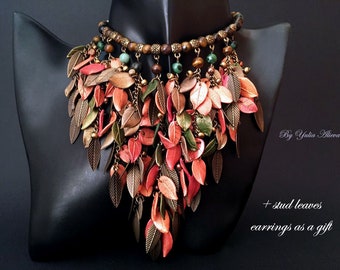 Fall Leaves Clay Necklace, Polymer Clay Necklace, Orange Leaves Necklace, Polymer Clay Autumn Necklace, Polymer Clay Autumn Jewelry