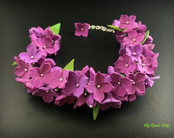 Handmade Polymer Clay Lilac Bracelet, Floral Czech Bead Jewelry