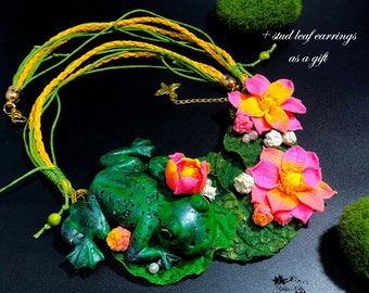 Handmade Clay Frog Necklace, Tropical Floral Pond, Fairycore Jewelry