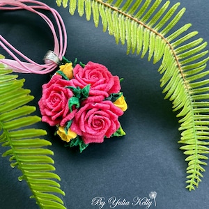 Pink rose necklace, Polymer Clay necklace, Pink rose jewelry, Rose with polymer clay, Pink Flower Necklace, Rose Necklace, Flowers necklace