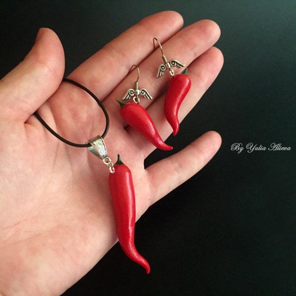 Earrings With Chili Pepper, Peppers Jewelry, Red Peppers Earrings, Food Earrings, Red Hot Chili Earrings, Jewelry Set with Chili Peppers