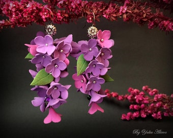 Handmade Lilac Polymer Clay Earrings, Floral Dangle Earrings