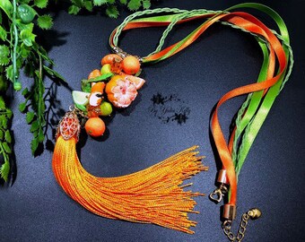 Fruits Jewelry, Mandarin Necklace, Polymer Clay Fruits, Summer Fruits Necklace, Orange Necklace, Tassel Necklace, Lime Necklace