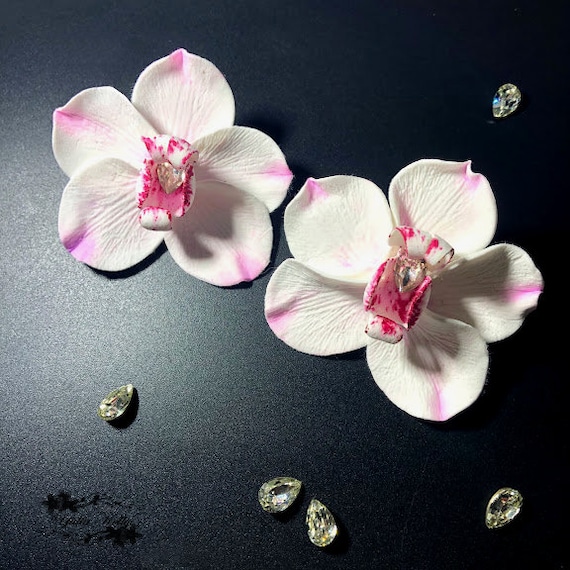 White Orchid Earrings Flower Polymer Clay Unique Orchid Earrings