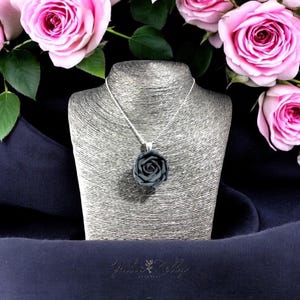 Black Rose Necklace, Polymer Clay Necklace, Black Rose Jewelry, Rose With Polymer Clay, Black Flower Necklace, Rose Necklace, Rose Flowers