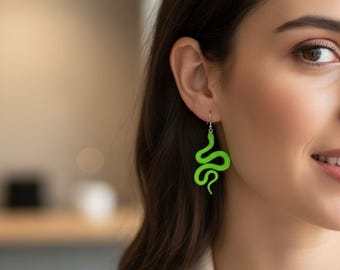 Boucles d'oreilles serpent vert arbre en pâte polymère, bijoux serpent uniques