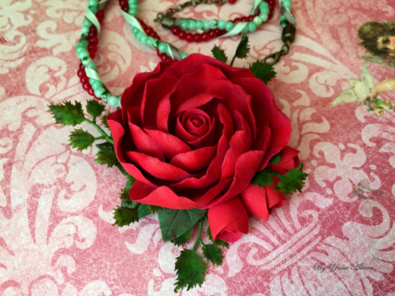 Rose Necklace Flower Pendant Purple Rose Rose Polymer Clay Etsy