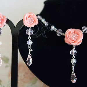 Pink Flowers Necklace And Earrings, Wedding Jewelry, Wedding Earrings, Wedding Necklace, Flower Jewelry, Romantic Jewelry, Floral Jewelry