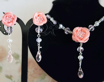 Handmade Pink Flower Necklace and Earrings, Swarovski Crystal Wedding Jewelry