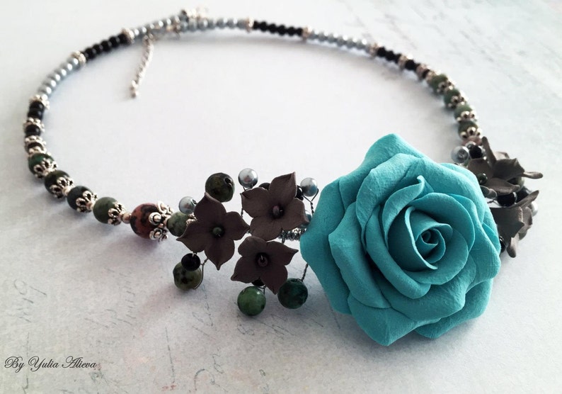 flower necklace necklace with rose large rose turquoise rose Necklace with a large turquoise rose
