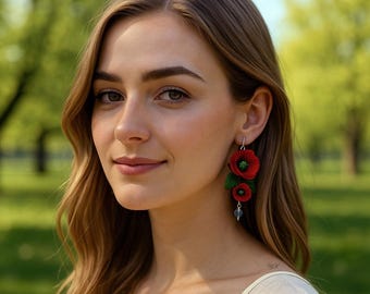Boucles d'oreilles pendantes faites main en argile polymère coquelicot rouge