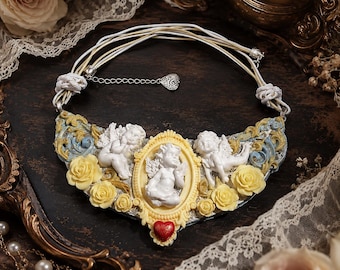 Polymer Clay Romantic Cherub Necklace, Handmade Angels and Ivory Roses Pendant