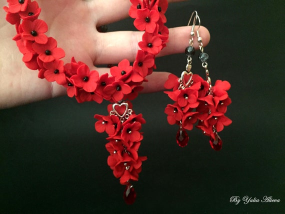 Handmade Polymer Clay Red Flower Necklace Earrings Set