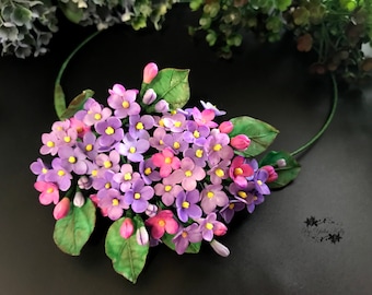 Handmade Clay Lilac Floral Necklace, Purple Flower Jewelry