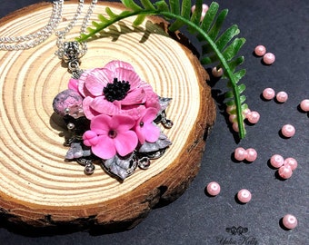 Flower Necklace, Pink Peony Necklace, Handmade Necklace, Gentle Necklace, Summer Jewelry, Polymer Clay Necklace, Polymer Clay Pink Flowers