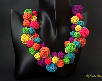 Rainbow Polymer Clay Ball Necklace, Adjustable Multicolor Beadwork