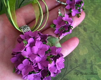 Parure de bijoux en pâte polymère, fleurs de lilas, collier et boucles d'oreilles fleuris printaniers