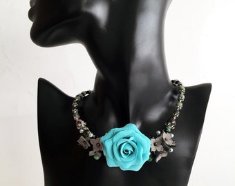 Necklace with a large turquoise rose, large rose, turquoise rose, necklace with rose, flower necklace