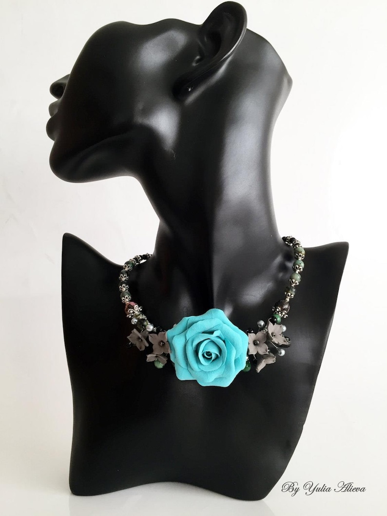 flower necklace necklace with rose large rose turquoise rose Necklace with a large turquoise rose