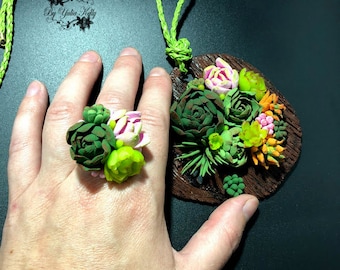 Succulent Ring, Green Jewelry, Nature Ring, Plant Jewelry, Flower Ring, Mini Succulent Ring, Polymer Clay Succulent,  Woodland Clay Jewelry