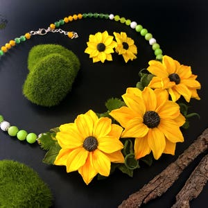 Sunflower Necklace, Summer Necklace, Polymer Clay Flowers, Handmade Clay Jewelry, Sunflowers Jewellery Set, Spring Jewelry, Floral Necklace