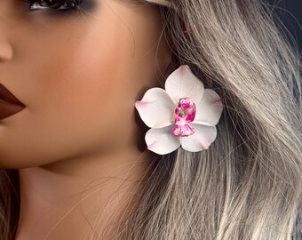 Polymer Clay White Orchid Earrings, Swarovski Crystal, Bridal Jewelry