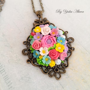 Tiny Flowers Pendant, Romantic Flowers Necklace, Polymer Clay Jewelry, Floral Clay Necklace, Multi-colored Pendant, Clay Colourful Necklace