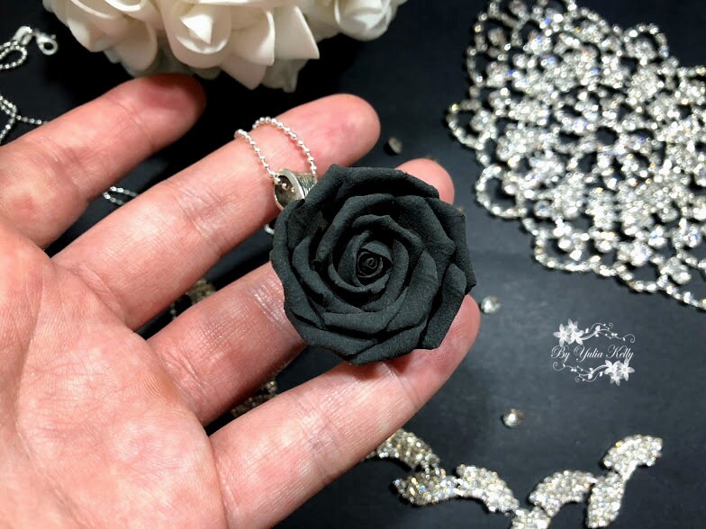 Black Rose Necklace, Polymer Clay Necklace, Black Rose