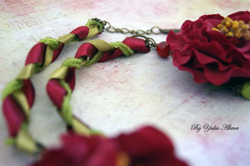 Red Peonies Necklace, Jewelery With Peonies, Clay Peonies Necklace, Red Flower Necklace, Polymer Clay Red Peony Necklace, Large Clay Peony image 5