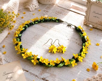 Handmade Summer Yellow Flowers Necklace And Earrings Set