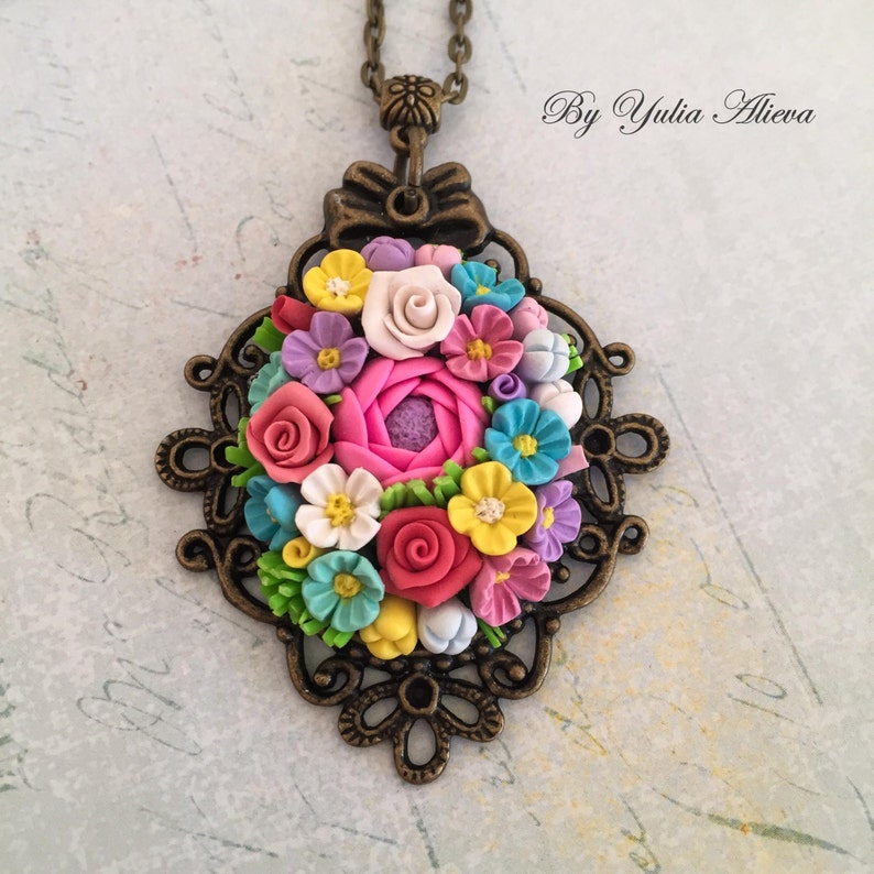 Pendant With Tiny Flowers, Romantic Flowers Necklace, Polymer Clay